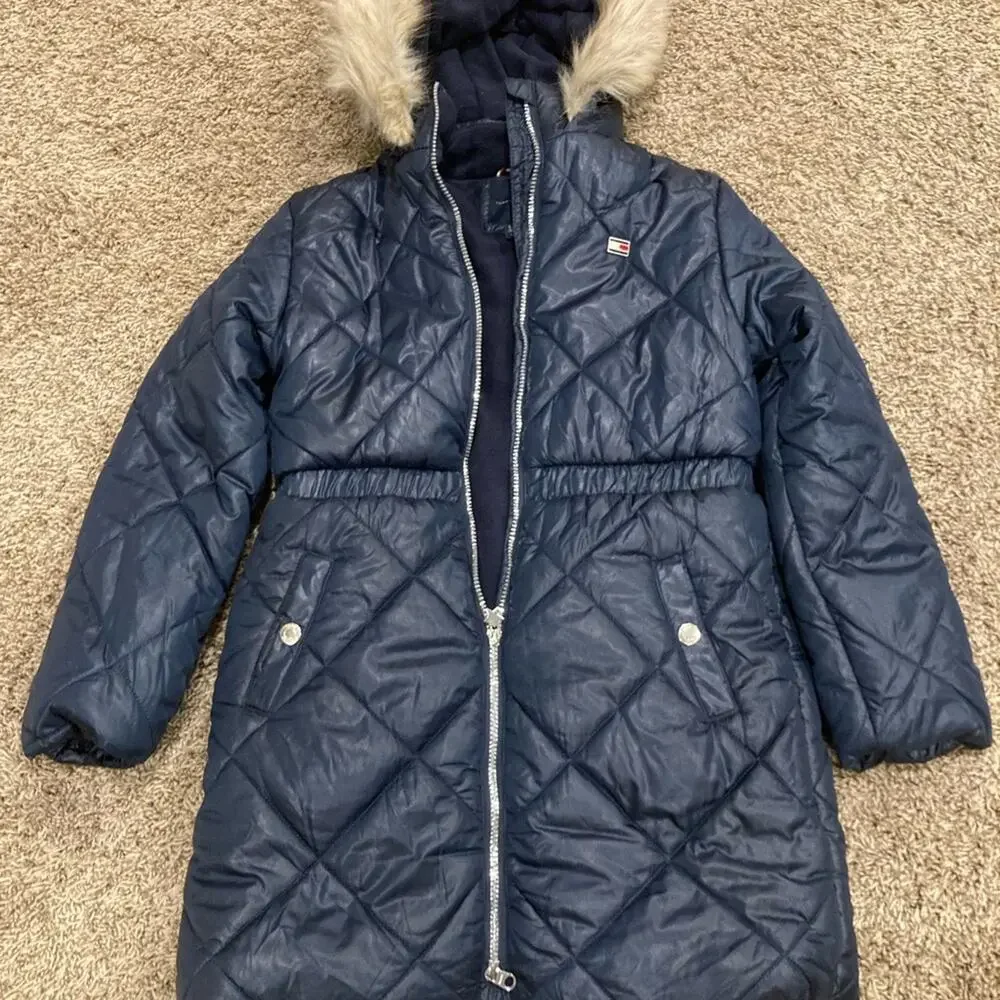 Tommy Hilfiger Big Girls Navy Quilted faux Trim Hooded Puffer Jacket/Coat L12/14